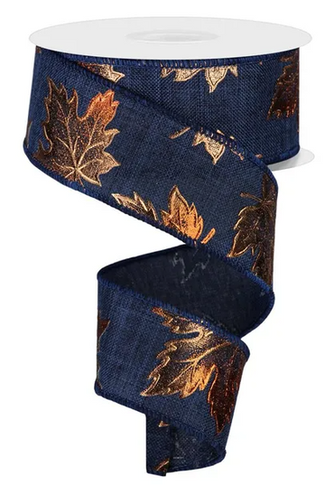 1.5" x 10yd Foil Maple Leaf On Royal Ribbon