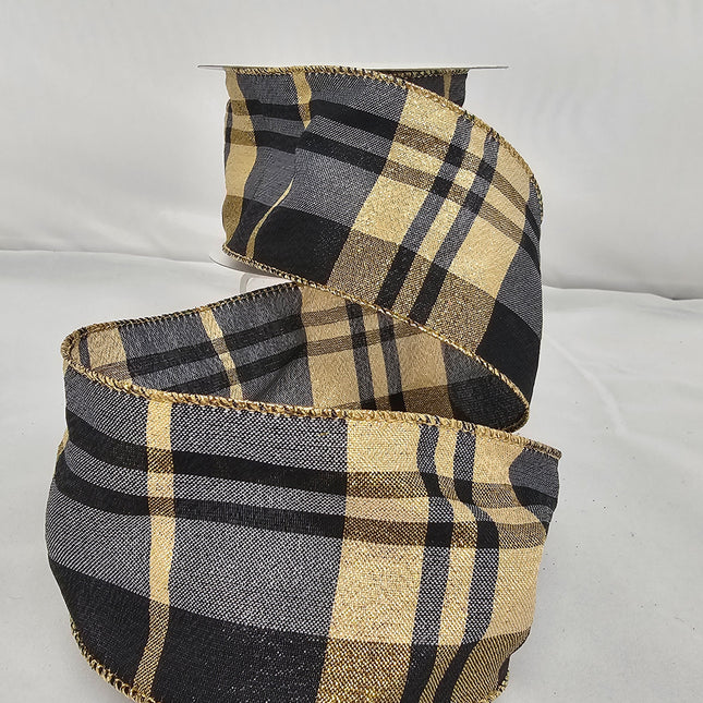 2.5"x10Y Elegant Metallic Ribbon Black/Gold Metallic Plaid image 0