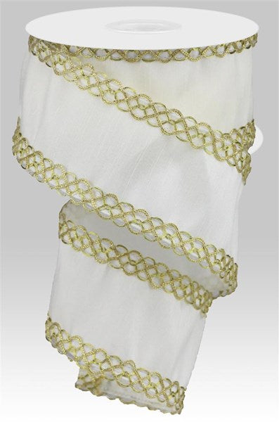 2.5" x 10yd White Dupioni/Gold Trim Ribbon image 0