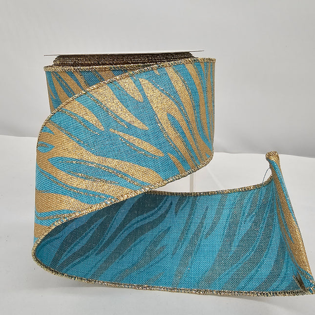 2.5"x10Y Glitter Zebra Turquoise/Gold Ribbon image 0
