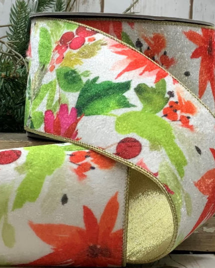 4" x 10yds velvet poinsettia and berries