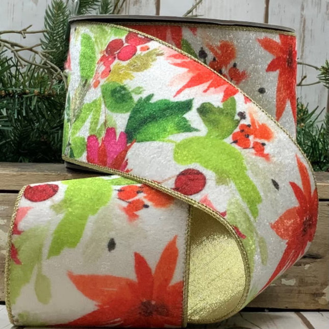 4" x 10yds velvet poinsettia and berries