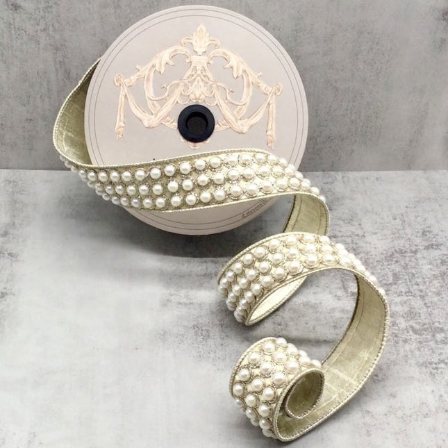1.5" x 5yds metallic dupioni pearls trim