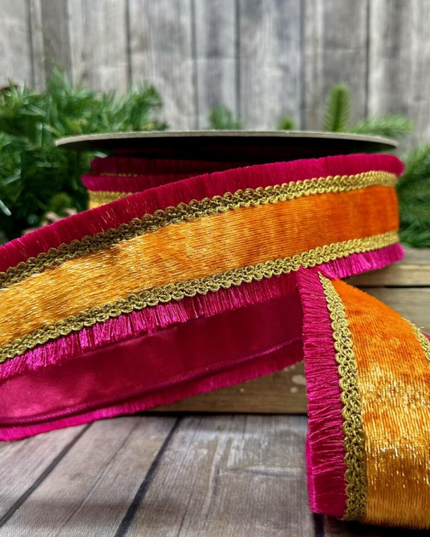 Velvet Fringe Ribbon Hot Pink/Orange 2.25" x 10 yards