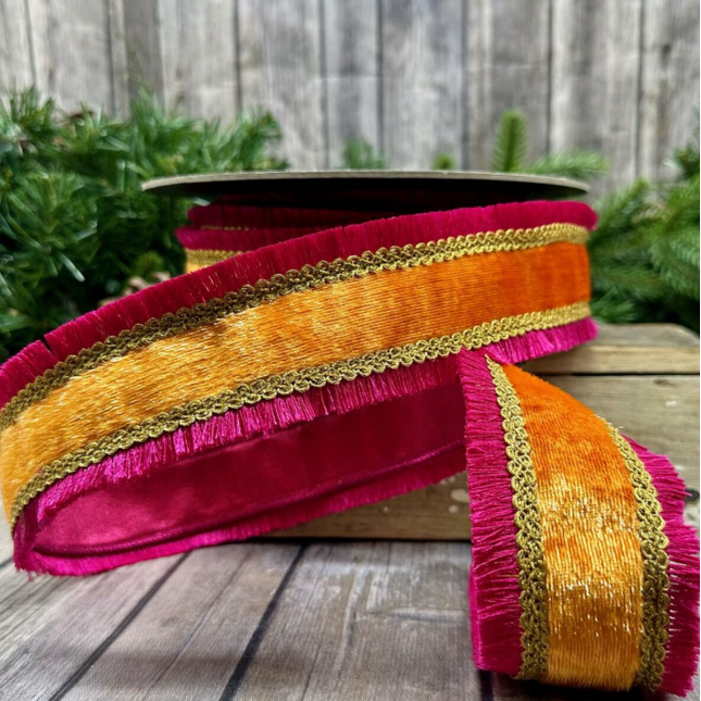 Velvet Fringe Ribbon Hot Pink/Orange 2.25" x 10 yards