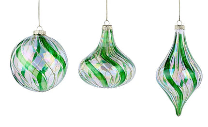 3 Asst Swirl Stripe/Glitter Glass Orn