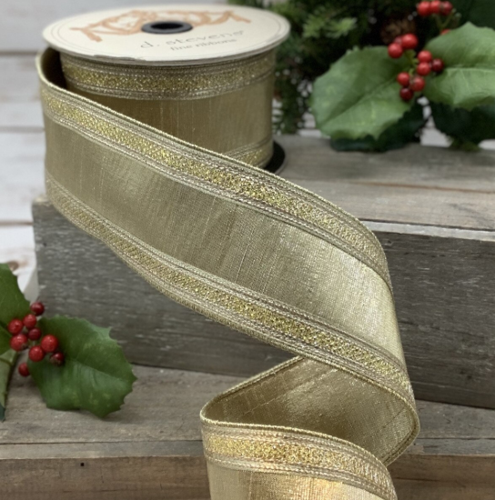 2.5" x 10 yd Faux Metallic Dupioni Stripe Edge Gold