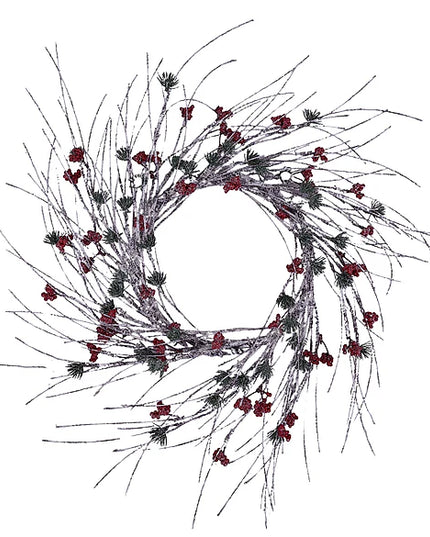 24"Dia Iced/Glttr Twig/Bead/Pine Wreath