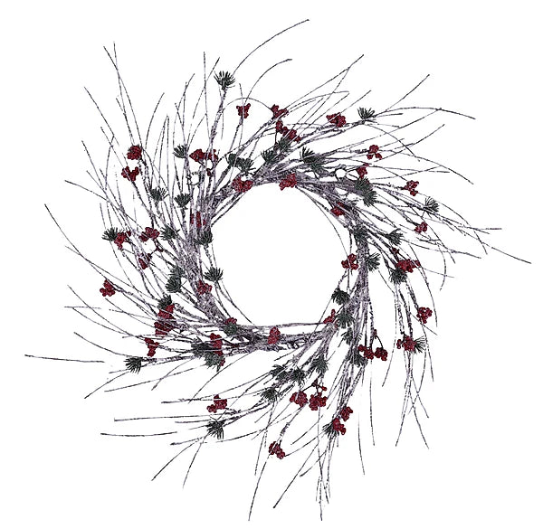 24"Dia Iced/Glttr Twig/Bead/Pine Wreath