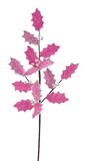 27"L Glitter/Bead Holly Leaf Spray