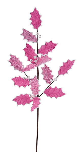 27"L Glitter/Bead Holly Leaf Spray