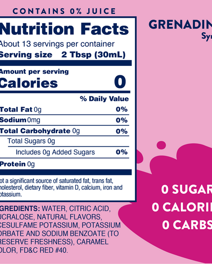 Sugar Free Grenadine Syrup - 375ml Bar Syrup Mixer