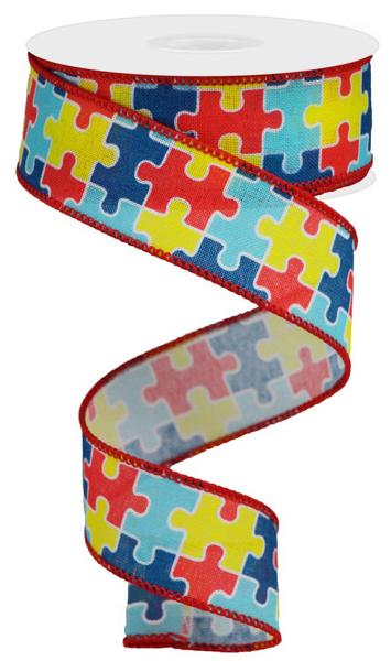 1.5" x 10yd Puzzle Pieces On Royal image 0