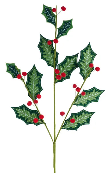 27" Felt Holly Leaf/Pompom Berry Spray