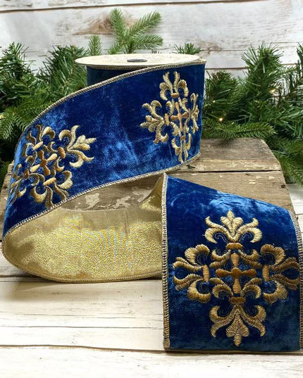 4" x 5 yards Velvet Cross Medallion Blue