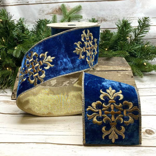 4" x 5 yards Velvet Cross Medallion Blue