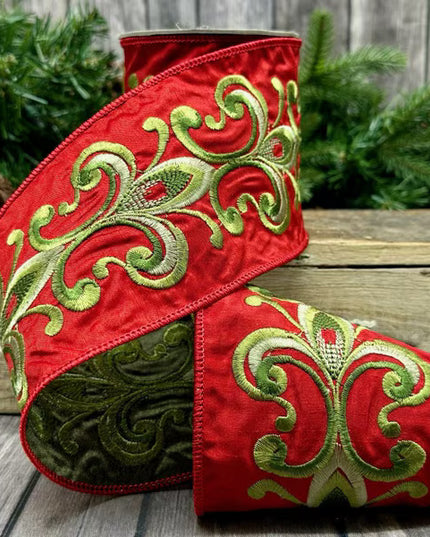 4" x 5 yds Dupioni embroidered fleur de lis red