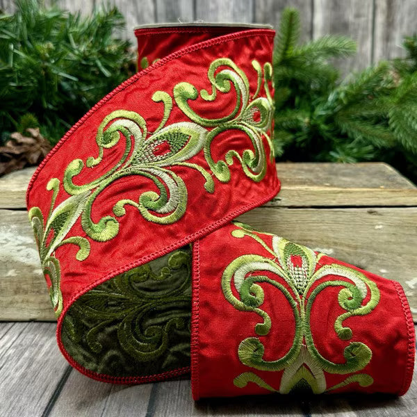 4" x 5 yds Dupioni embroidered fleur de lis red