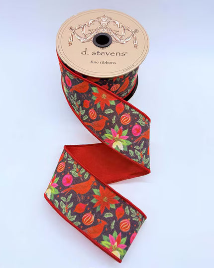 2.5" x 10 yds Poplin Whimsical Cardinal Poinsettia