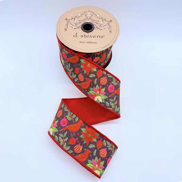 2.5" x 10 yds Poplin Whimsical Cardinal Poinsettia