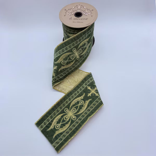 4" x 5 yards Velvet Holy Cross Embroidery Jade