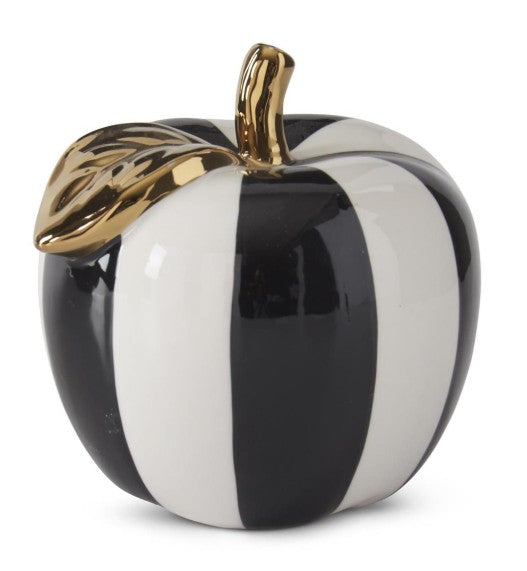 6 Inch Black & White Striped Ceramic Apple w/Gold Accents