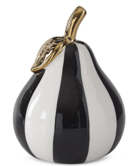 6 Inch Black & White Striped Ceramic Pear w/Gold Accents