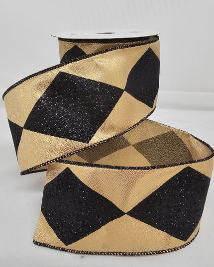 2.5"x10Y Elegant Metallic Ribbon Gold/Black Metallic Glitter Harlequin image 0