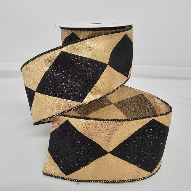 2.5"x10Y Elegant Metallic Ribbon Gold/Black Metallic Glitter Harlequin image 0