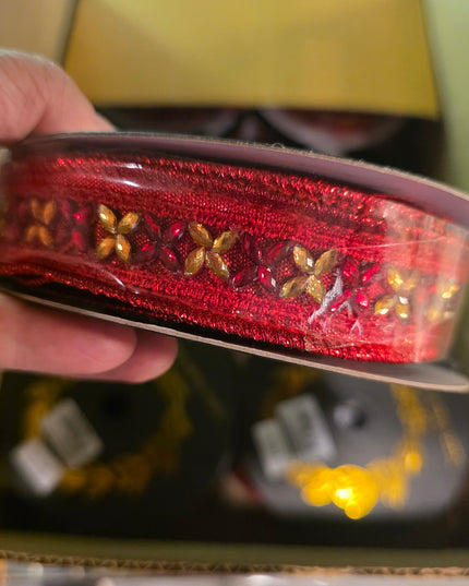 John Mark Enterprises Red Jeweled Trim Metallic Dupioni Red