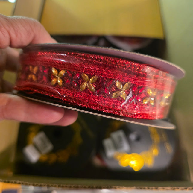 John Mark Enterprises Red Jeweled Trim Metallic Dupioni Red