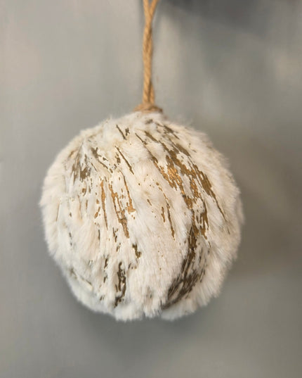 White Furry Ball Ornament with Gold Brush Detail