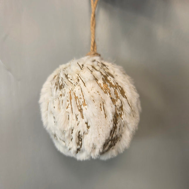 White Furry Ball Ornament with Gold Brush Detail