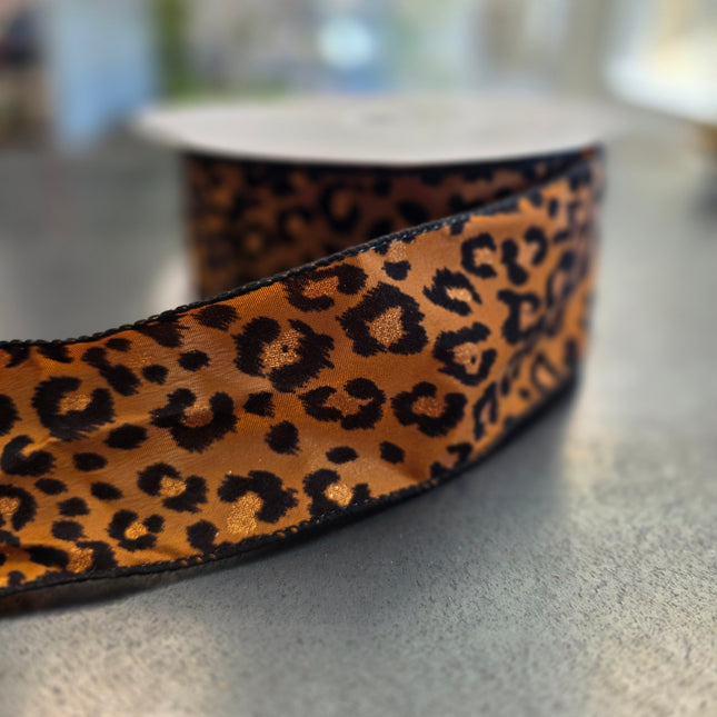 Ribbon Copper Satin Flocked Cheetah 2.5"X50yd