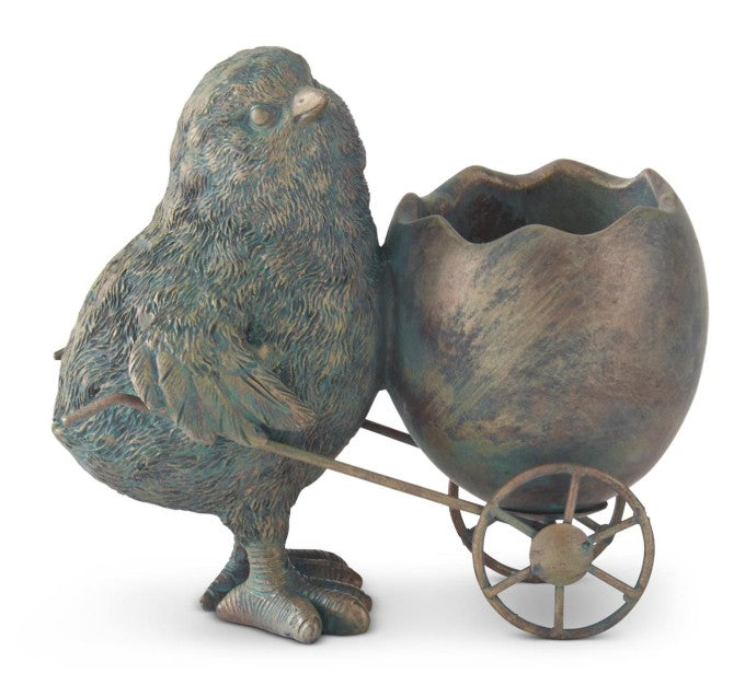 4.5" Green & Copper Resin Chicks with Egg Carts