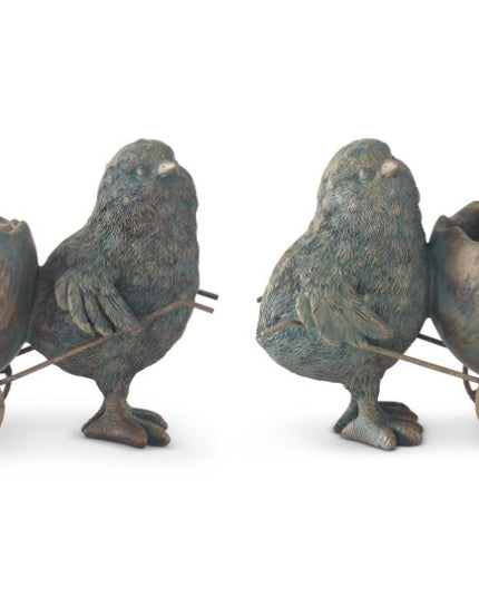 4.5" Green & Copper Resin Chicks with Egg Carts