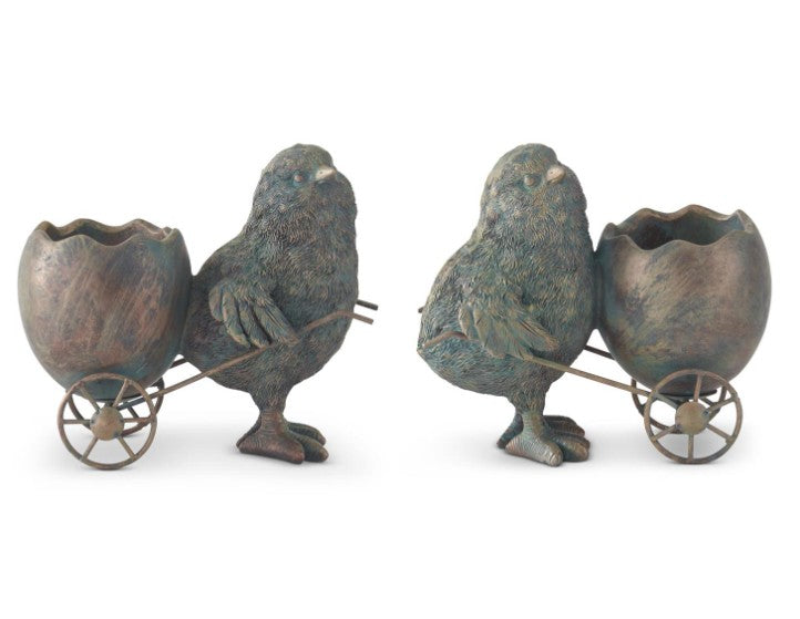 4.5" Green & Copper Resin Chicks with Egg Carts
