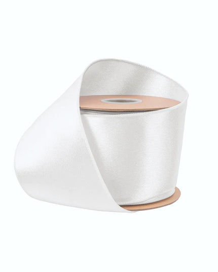 4" Wired Shimmer Satin Ribbon | White with White Backing | 10 Yard Roll