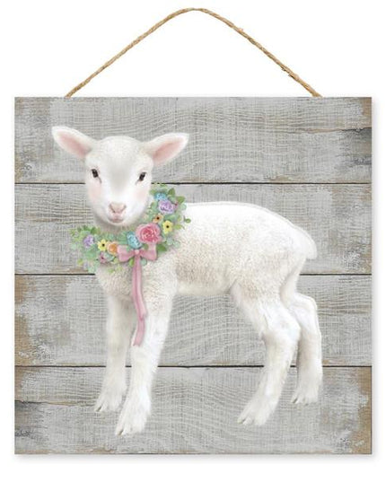 10" Lamb W/Floral Wreath Sign image 0