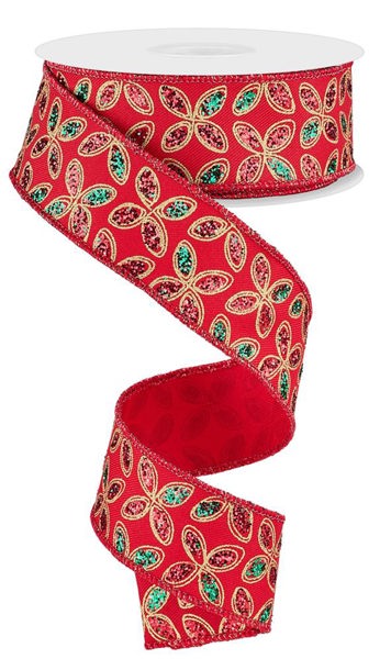 1.5" x 10yd Quatrefoil Petals Red Ribbon image 0