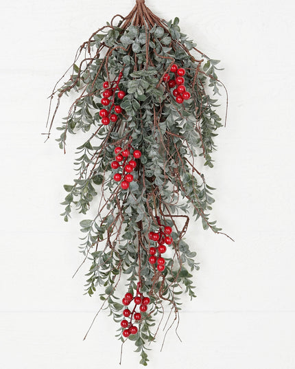 29" x 11" Teardrop Vintage Flocked Boxwood w/ Red Berries