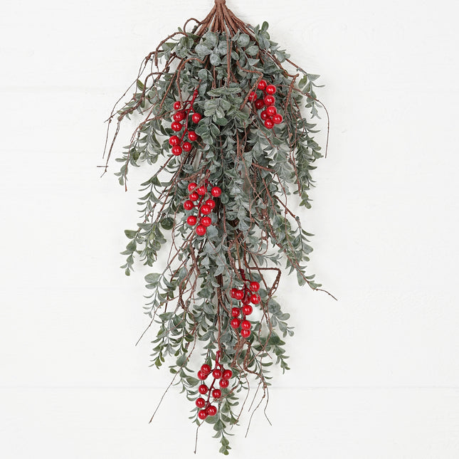 29" x 11" Teardrop Vintage Flocked Boxwood w/ Red Berries