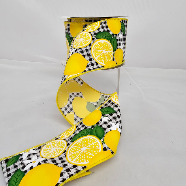 2.5"x10Y Black Small Plaid Lemon Floral Ribbon image 0