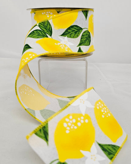 2.5"x10Y White Lemon Floral Ribbon image 0