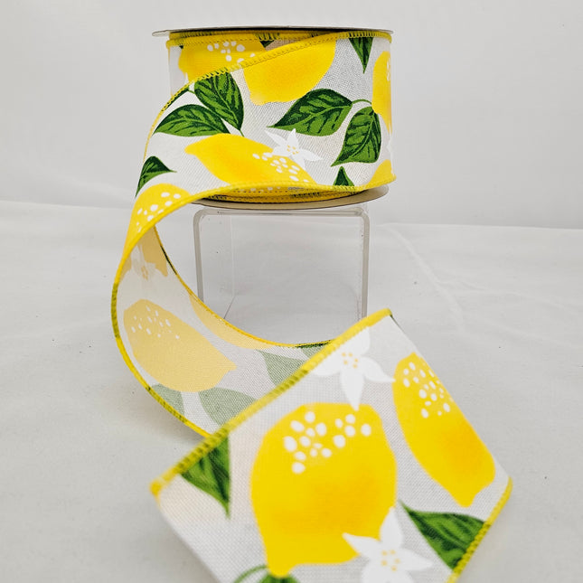 2.5"x10Y White Lemon Floral Ribbon image 0