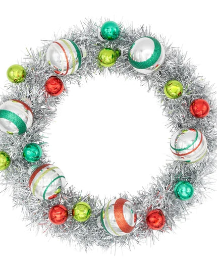 HOLIDAY SPLENDOR SILVER TINSEL WREATH WITH 1" AND 1.75" ROUNDS