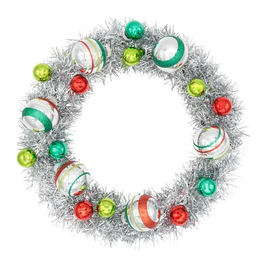 HOLIDAY SPLENDOR SILVER TINSEL WREATH WITH 1" AND 1.75" ROUNDS