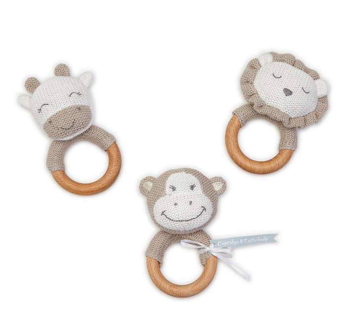 Knitted Rattle with Natural Wood Grip