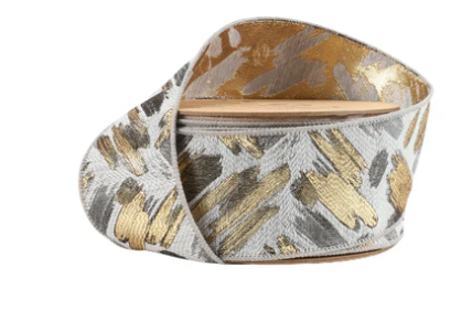 2.5"x10Y Wired Ribbon Tapestry Neutral/Silver/Gold
