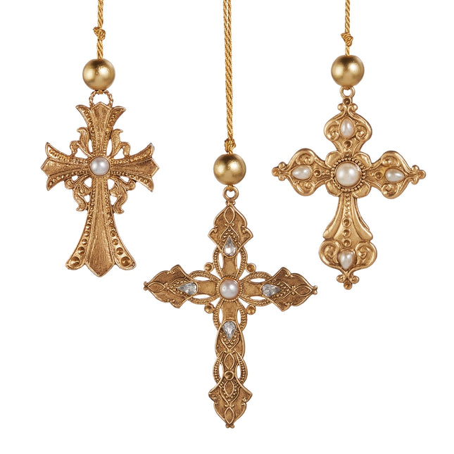 4.5" Gold Cross Ornament with Pearl